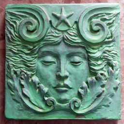 Sea Goddess Tile in Verdigris Finish, 4x4 Inch Square, Woman's Face With Swirls & Starfish, By Richard Chalifour - thumbnail 1