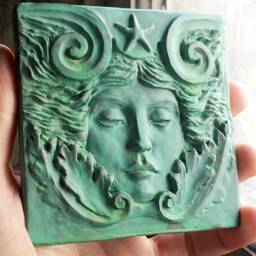 Sea Goddess Tile in Verdigris Finish, 4x4 Inch Square, Woman's Face With Swirls & Starfish, By Richard Chalifour - thumbnail 2