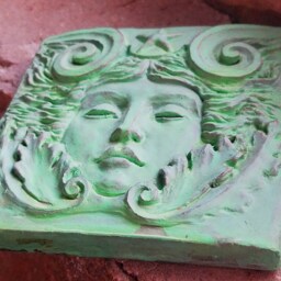 Sea Goddess Tile in Verdigris Finish, 4x4 Inch Square, Woman's Face With Swirls & Starfish, By Richard Chalifour - thumbnail 3