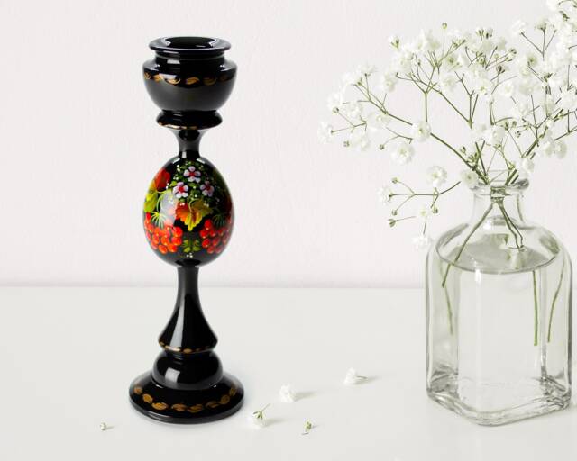 Ukrainian Wooden Candle Holder Hand Painted, Tall Black Candlestick Holder, Handmade Table Home Decor, Petrykivka Gift Ukraine Shop, S171 - image 1