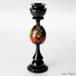 Ukrainian Wooden Candle Holder Hand Painted, Tall Black Candlestick Holder, Handmade Table Home Decor, Petrykivka Gift Ukraine Shop, S171 - thumbnail 3