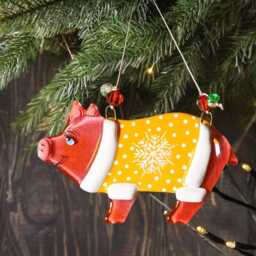 Pig Funny Christmas Tree Ornaments, Fused Glass Painted Chinese Symbol Of Year, Cute Piggy Art Gift - thumbnail 2
