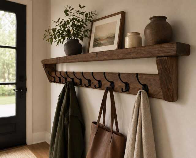 Handmade Coat Rack Shelf With 10 Black Hooks - Rustic Hallway Storage Unit - image 1