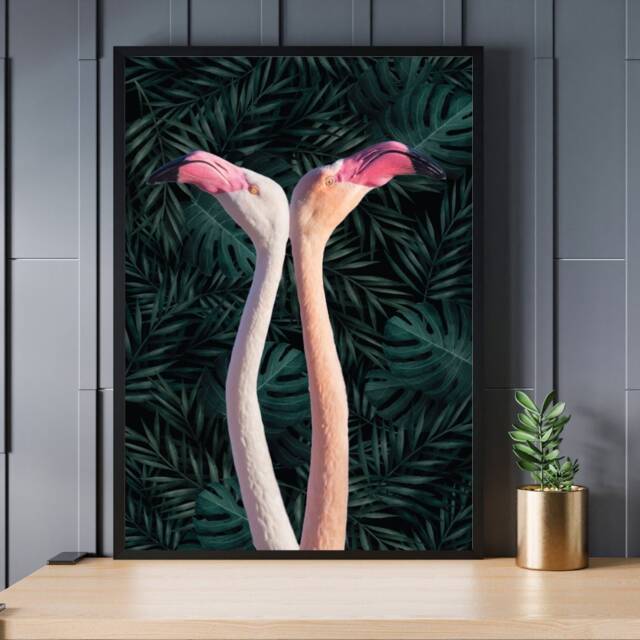 Flamingo Couple Botanical Print Tropical Maximalist Wall Art - image 1