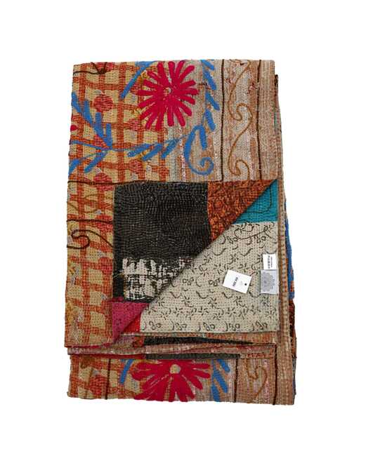 Vintage Hand-Embroidered Kantha Throw - Red Florals With Ochre & Turquoise Accents