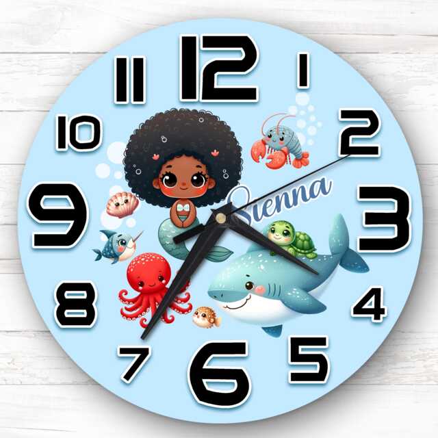 Sealife Dark Skin Mermaid Personalised Gift For Kid's Bedroom Clock - Kids Clock, Children's , Custom Wall - image 1