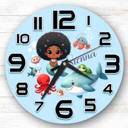 Sealife Dark Skin Mermaid Personalised Gift For Kid's Bedroom Clock - Kids Clock, Children's , Custom Wall - thumbnail 1