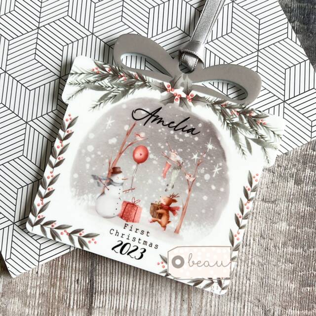 Personalised Baby's First Christmas New Baby Boy Girl Blue Pink Snowman Gift Design Acrylic Present Shaped Ornament Tree Keepsake Bauble - image 1