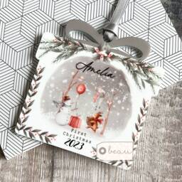 Personalised Baby's First Christmas New Baby Boy Girl Blue Pink Snowman Gift Design Acrylic Present Shaped Ornament Tree Keepsake Bauble
