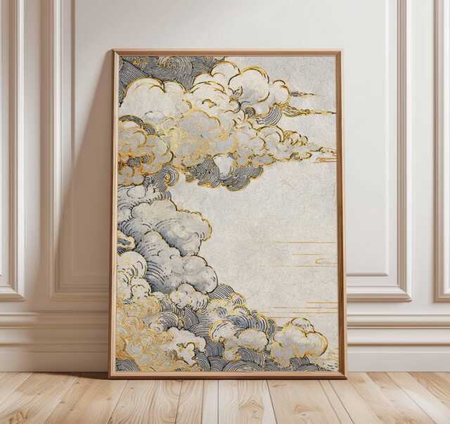 Japanese Cloud Poster, Gold & Grey Art Print, Traditional Woodblock Style, Minimalist Sky Wall Art, Elegant Decor - image 1