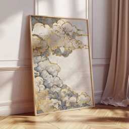 Japanese Cloud Poster, Gold & Grey Art Print, Traditional Woodblock Style, Minimalist Sky Wall Art, Elegant Decor - thumbnail 2