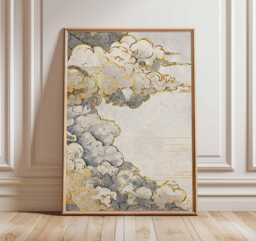 Japanese Cloud Poster, Gold & Grey Art Print, Traditional Woodblock Style, Minimalist Sky Wall Art, Elegant Decor - thumbnail 1
