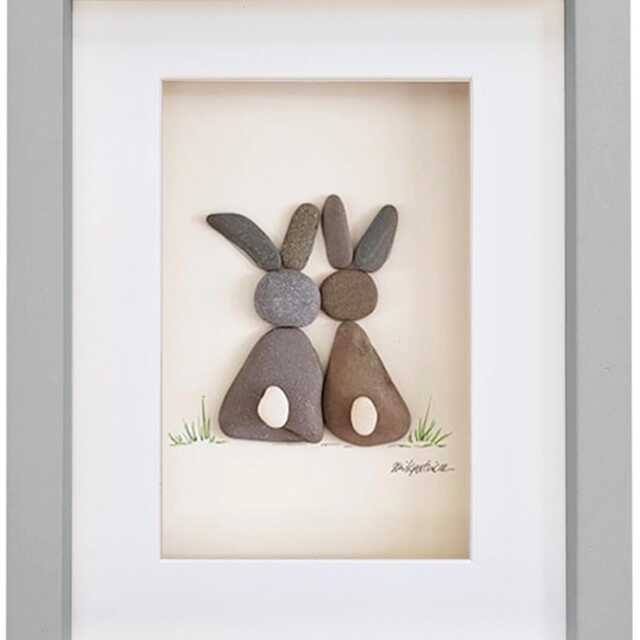 Pebble Art Rabbit Picture - Framed Handmade Rabbits Bunnies Wall Decor - image 1