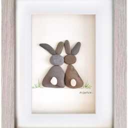 Pebble Art Rabbit Picture - Framed Handmade Rabbits Bunnies Wall Decor - thumbnail 2