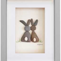 Pebble Art Rabbit Picture - Framed Handmade Rabbits Bunnies Wall Decor - thumbnail 1