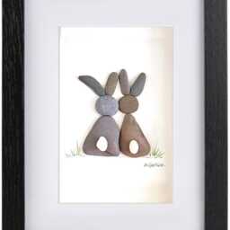 Pebble Art Rabbit Picture - Framed Handmade Rabbits Bunnies Wall Decor - thumbnail 3