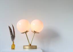 Gold Table Lamp, 2 White Globes, Wood Brass & Glass Desk Raw Twin Bootsngus Lighting Home Decor
