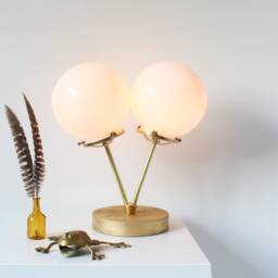Gold Table Lamp, 2 White Globes, Wood Brass & Glass Desk Raw Twin Bootsngus Lighting Home Decor - thumbnail 4