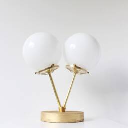 Gold Table Lamp, 2 White Globes, Wood Brass & Glass Desk Raw Twin Bootsngus Lighting Home Decor - thumbnail 2