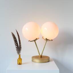 Gold Table Lamp, 2 White Globes, Wood Brass & Glass Desk Raw Twin Bootsngus Lighting Home Decor - thumbnail 3