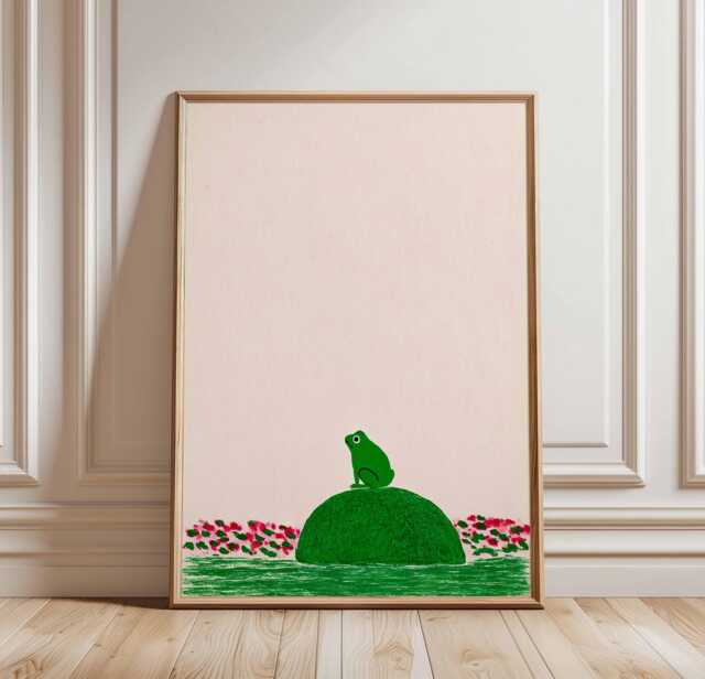 Frog On Rock Wall Art, Minimalist Poster, Cute Japanese Print, Nature Zen Decor, Green With Flowers, Wabi Sabi Style Art - image 1