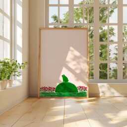 Frog On Rock Wall Art, Minimalist Poster, Cute Japanese Print, Nature Zen Decor, Green With Flowers, Wabi Sabi Style Art - thumbnail 3