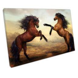 Energetic Brown Horses Battle Canvas Dynamic Animal Art For Home & Office Wall Decor - thumbnail 1