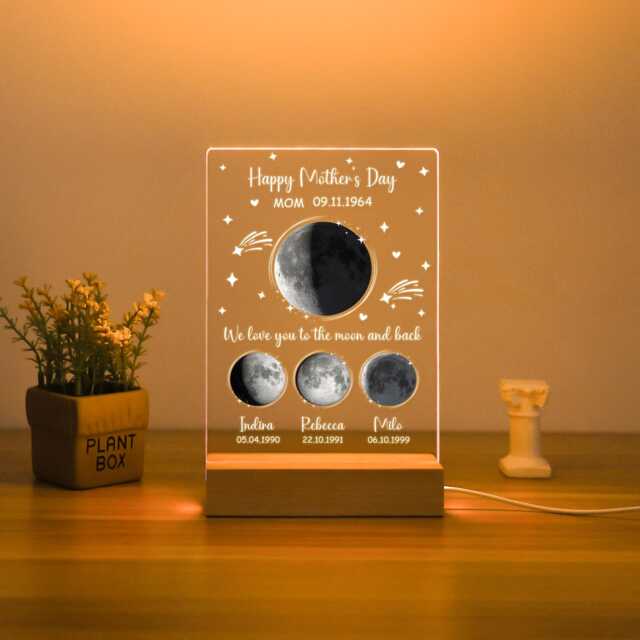 Personalized Moon Phase By Date Night Light, Nightlight With Name, Mothers Day Gift, Family Bedside Lamp, Gift For Mom, Nana - image 1