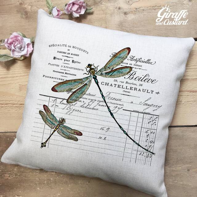 Vintage Dragonfly Cushion Cover - French Style Shabby Chic Room Decor Antique Postcard Image 40cm 16 Inch Home - image 1