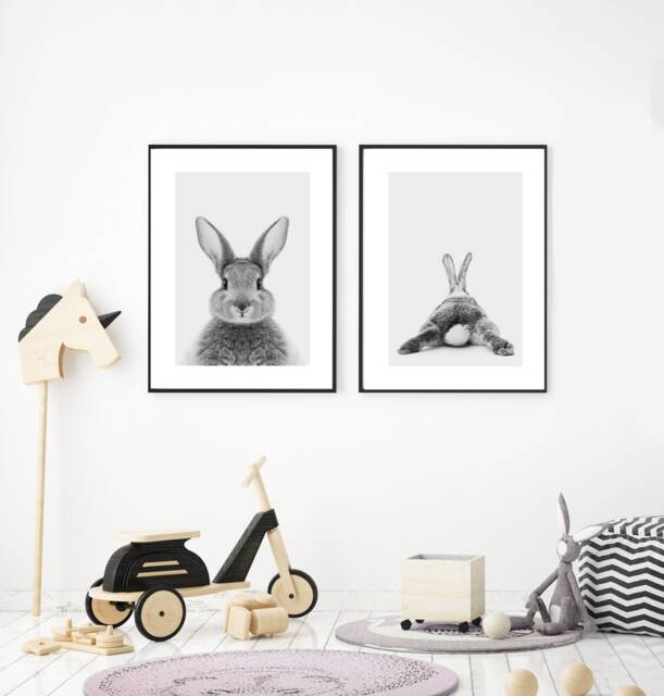 Children's Rabbit Grey Set Of 2 Wall Art Prints, Nursery Print Set, Art, New Baby, Kids Bedroom, Cute Bunny Decor Theme - image 1