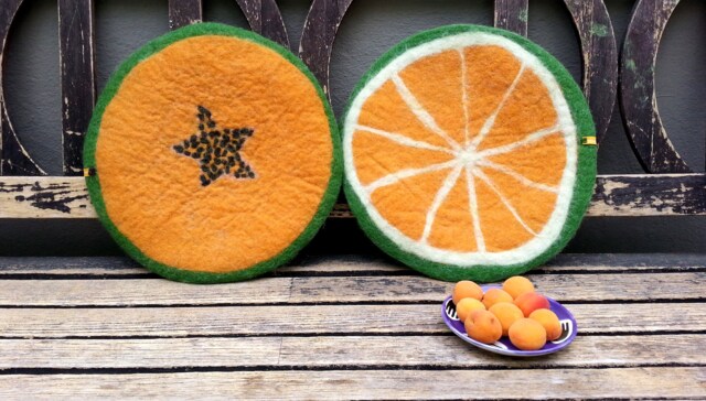 Handfelted Seat Cushion As Fruit Slice Papaya & Green Orange - image 1