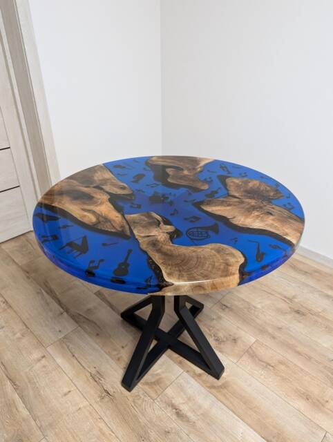 Round Walnut Coffee Table Live Edge Epoxy Music Decor, Handmade - image 1