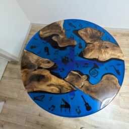 Round Walnut Coffee Table Live Edge Epoxy Music Decor, Handmade - thumbnail 2