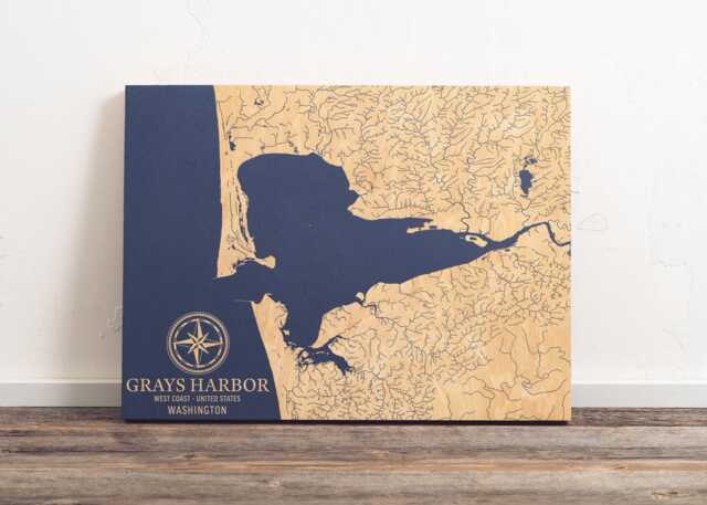 Grays Harbor, Washington Map - Engraved Wood Coastal Chart Wall Art Sign, Beach Home Decor Nautical Print, Unique Personalized Family Gift - image 1