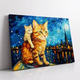 Cat Kitten Starry Night Van Gogh Style Pet Animal Oil Painting Wall Art, Framed Canvas Poster Print, Home Kitchen Office Room Decor, Gifts - thumbnail 2