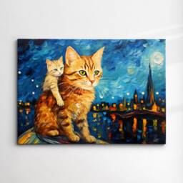 Cat Kitten Starry Night Van Gogh Style Pet Animal Oil Painting Wall Art, Framed Canvas Poster Print, Home Kitchen Office Room Decor, Gifts - thumbnail 3
