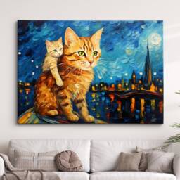 Cat Kitten Starry Night Van Gogh Style Pet Animal Oil Painting Wall Art, Framed Canvas Poster Print, Home Kitchen Office Room Decor, Gifts - thumbnail 1