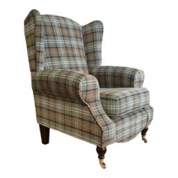 Queen Anne Wingback Chair Duck Egg Blue Tartan, Dark Wood Legs