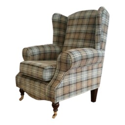 Queen Anne Wingback Chair Duck Egg Blue Tartan, Dark Wood Legs - thumbnail 3