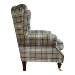 Queen Anne Wingback Chair Duck Egg Blue Tartan, Dark Wood Legs - thumbnail 4