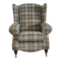 Queen Anne Wingback Chair Duck Egg Blue Tartan, Dark Wood Legs - thumbnail 2