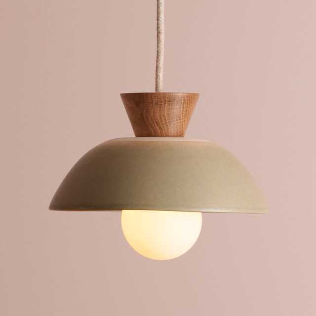 Green Small Dawn Pendant Light in Ceramic & Oak - image 1