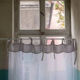 Sheer Linen Curtain Panel With Ties, White & Grey, Boho Window Treatment - thumbnail 3