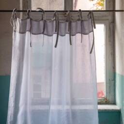Sheer Linen Curtain Panel With Ties, White & Grey, Boho Window Treatment - thumbnail 2