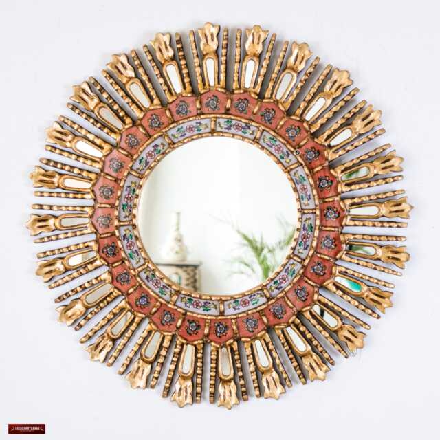 Red Gold Sunburst Mirror Wall Decor - Peruvian Hand Painted Glass Round Mothers Day Gift 23.6 - image 1