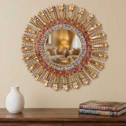 Red Gold Sunburst Mirror Wall Decor - Peruvian Hand Painted Glass Round Mothers Day Gift 23.6 - thumbnail 3