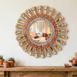 Red Gold Sunburst Mirror Wall Decor - Peruvian Hand Painted Glass Round Mothers Day Gift 23.6 - thumbnail 2
