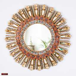 Red Gold Sunburst Mirror Wall Decor - Peruvian Hand Painted Glass Round Mothers Day Gift 23.6