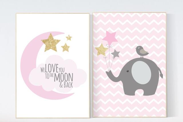 Elephant Nursery Decor Pink & Gold Baby Girl Wall Art - image 1