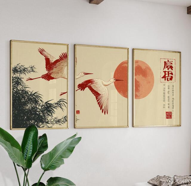 Red Crane Posters Set Of 3, Japanese Nature Art Prints Wall Decor - image 1